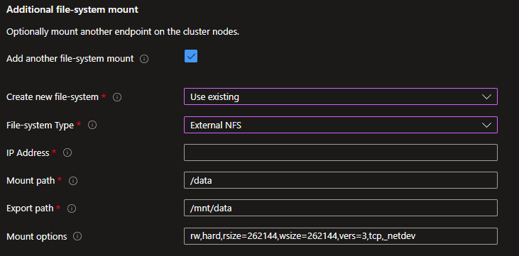 Captura de pantalla del montaje adicional del sistema de archivos para un