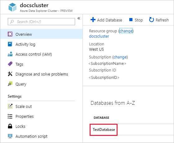 Captura de pantalla de la página de información general de Azure Data Explorer y la selección de una base de datos de ejemplo.