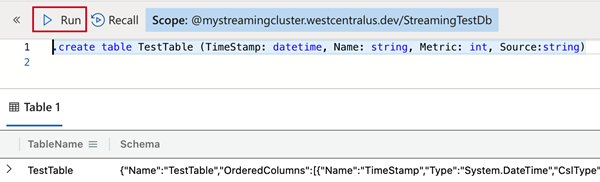 Creación de una tabla para la ingesta de streaming en Azure Data Explorer.