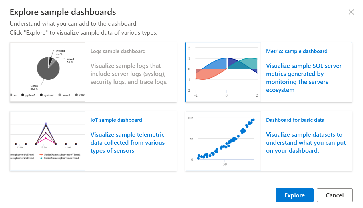 Captura de pantalla del cuadro de diálogo Explore dashboards samples (Explorar ejemplos de paneles) que muestra las opciones del panel de ejemplo.