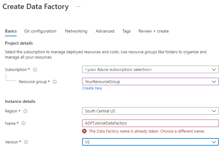 Captura de pantalla del mensaje de error de Nueva factoría de datos para el nombre duplicado.