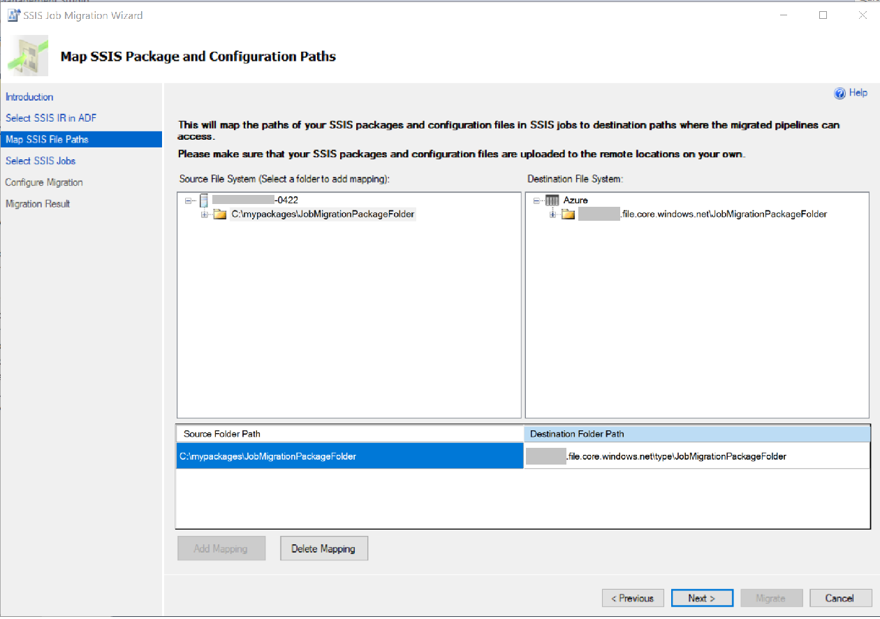 Screenshot shows the Map S S I S Package and Configuration Paths page, where you can update the source and destination folder paths.