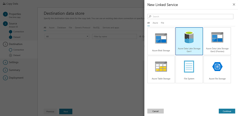 Página Destination data store (Almacén de datos de destino)