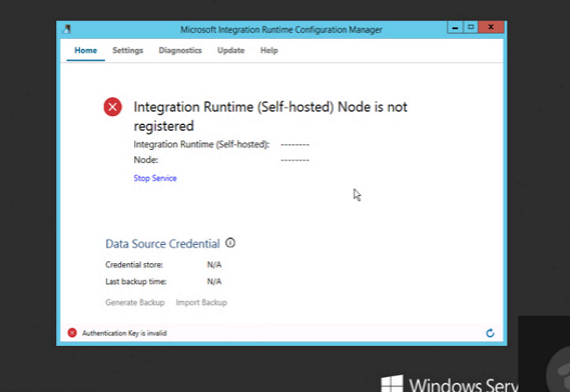 Captura de pantalla del panel de Configuration Manager, que muestra un mensaje que indica que el nodo de Integration Runtime no está registrado.