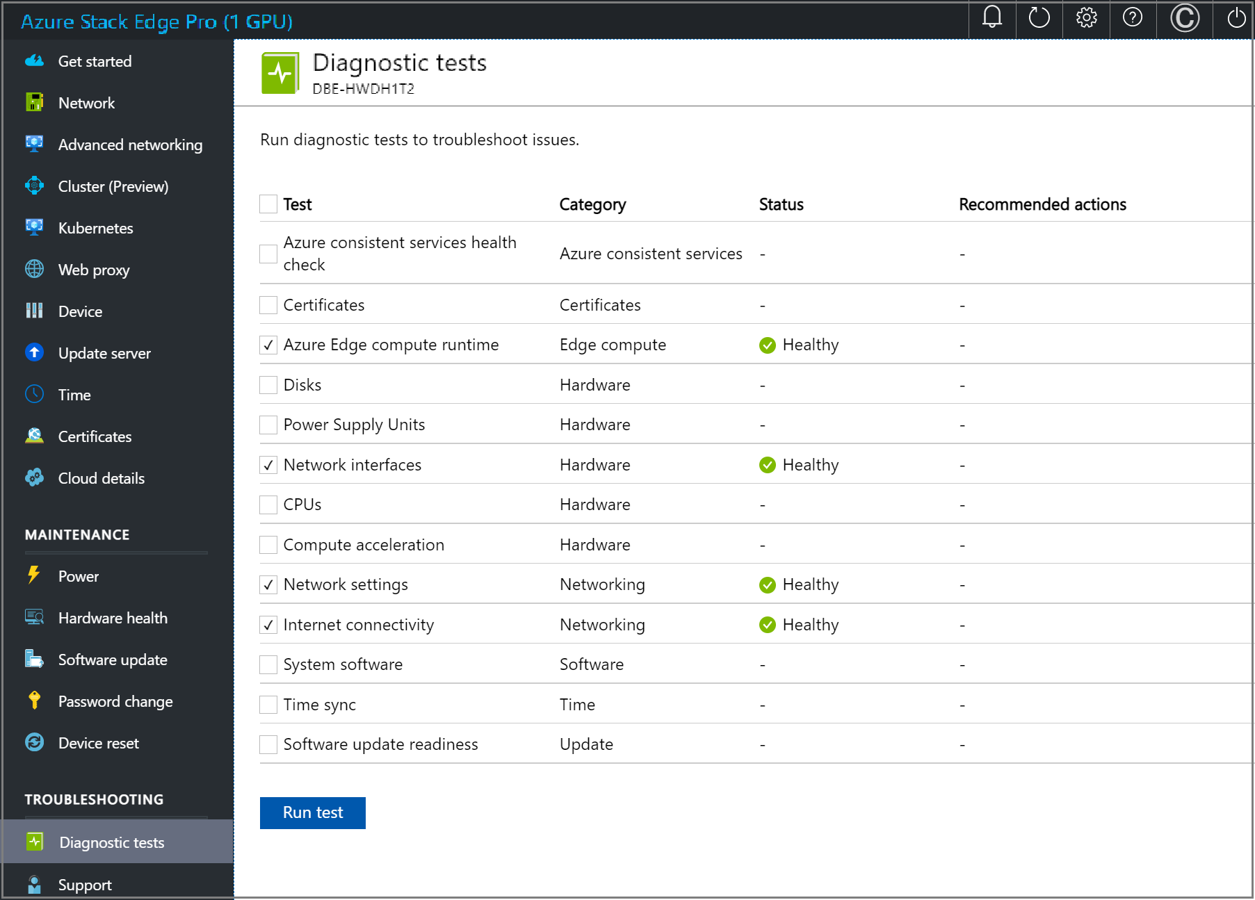 Captura de pantalla de la página de resultados de las Pruebas de diagnóstico en la IU web local de un dispositivo Azure Stack Edge.