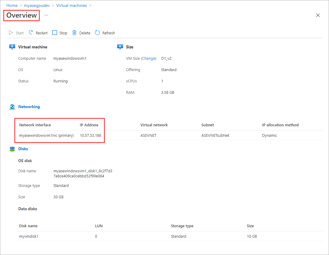 Captura de pantalla que muestra la pestaña Detalles en el panel Información general de una máquina virtual en Azure Stack Edge. La etiqueta Información general y la dirección IP en Redes están resaltadas.