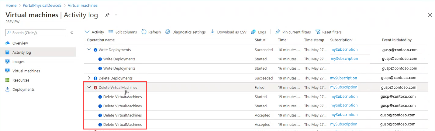 Captura de pantalla en la que se muestra el panel Registro de actividad de las máquinas virtuales en un dispositivo de Azure Stack Edge. Aparece resaltada una operación expandida de la lista.