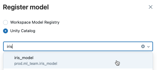 Cuadro de diálogo “Registrar versión del modelo” con menú desplegable