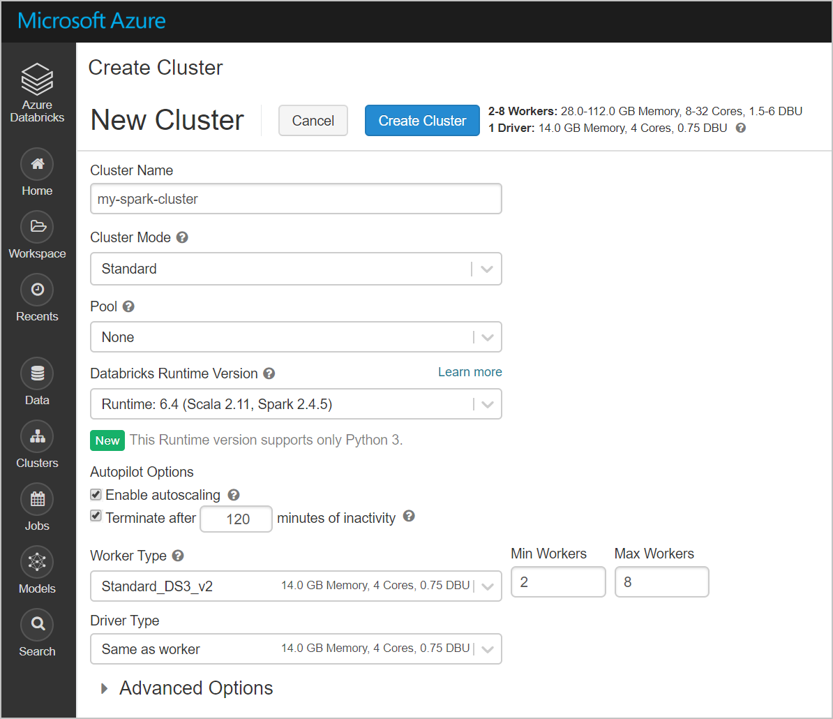 Creación de un clúster de Databricks Spark en Azure