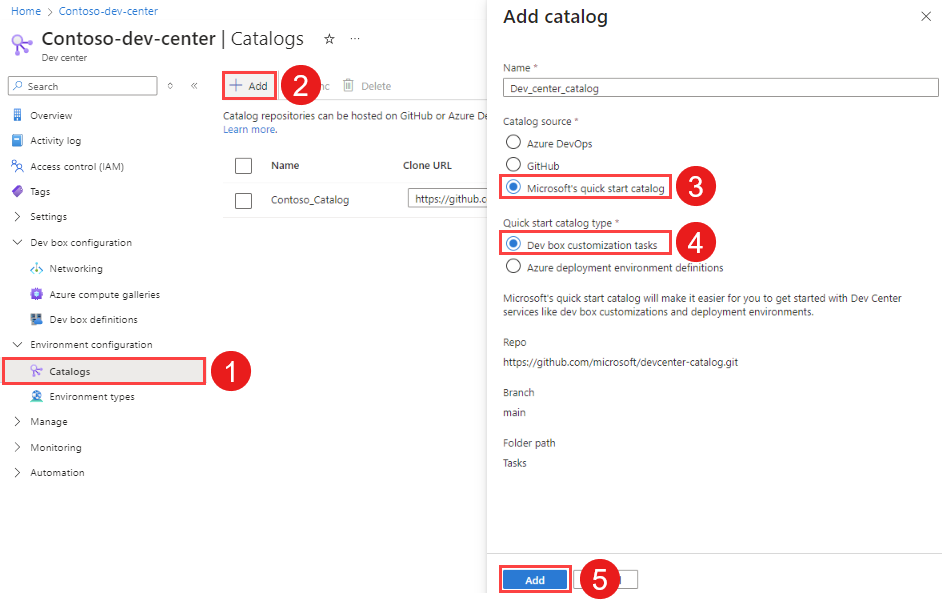 Captura de pantalla de Azure Portal en la que se muestra el panel Agregar catálogo con las tareas de personalización del catálogo de inicio rápido y del cuadro de desarrollo de Microsoft resaltadas.