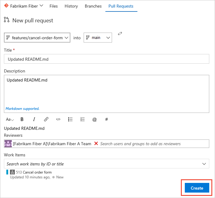 Vista Código, página Solicitud de incorporación de cambios.