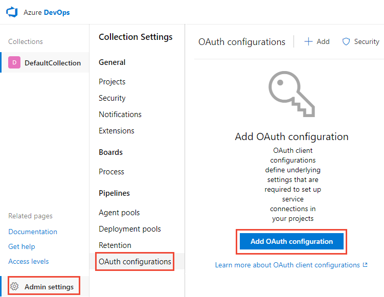 Captura de pantalla que muestra la secuencia de pasos para agregar la configuración de OAuth.