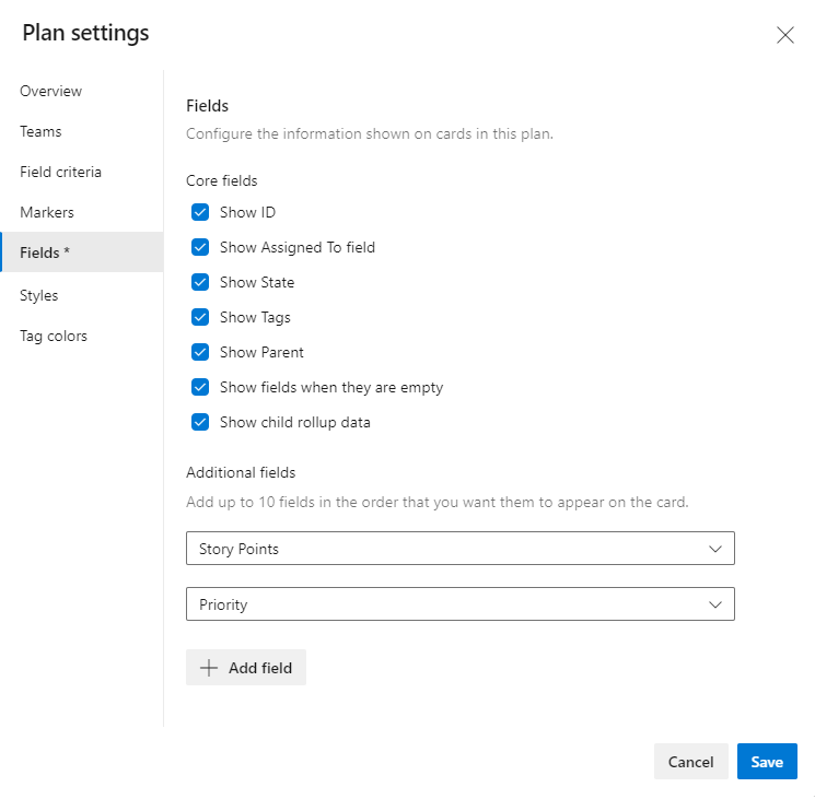 Captura de pantalla que muestra el cuadro de diálogo para la configuración del plan, pestaña Campos.