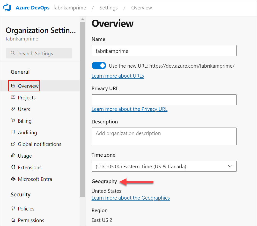 Captura de pantalla que muestra la región en Configuración de la organización.