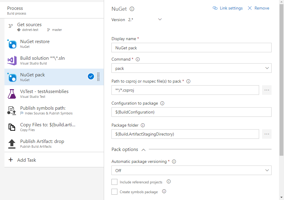 Captura de pantalla que muestra cómo configurar la tarea NuGet en Azure Pipelines.