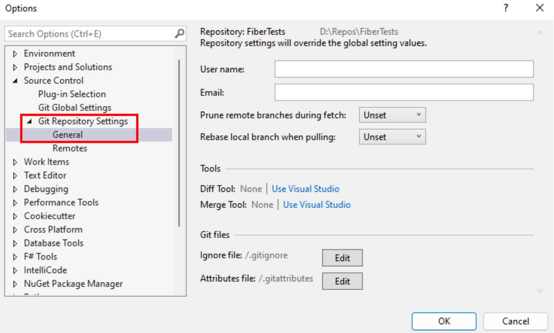 Captura de pantalla de Configuración de repositorios de Git en el cuadro de diálogo Opciones de Visual Studio.