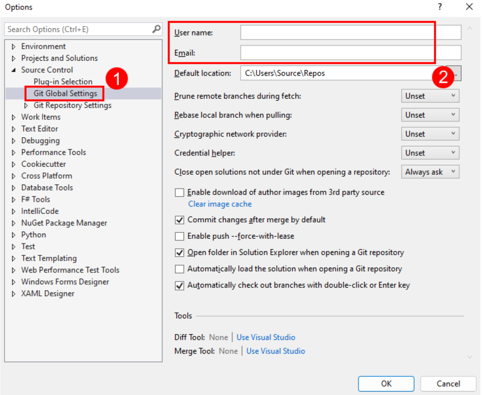 Captura de pantalla de los valores de nombre y correo electrónico en Configuración global de Git en el cuadro de diálogo Opciones de Visual Studio.