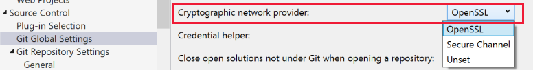 Captura de pantalla del valor Proveedor de red criptográfico con OpenSSL seleccionado en Visual Studio.