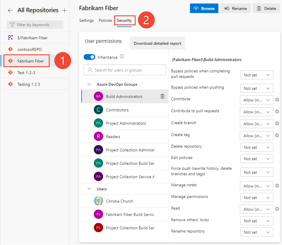 Captura de pantalla en la que se muestra la selección de Configuración del proyecto > Selección de un repositorio > Seguridad.