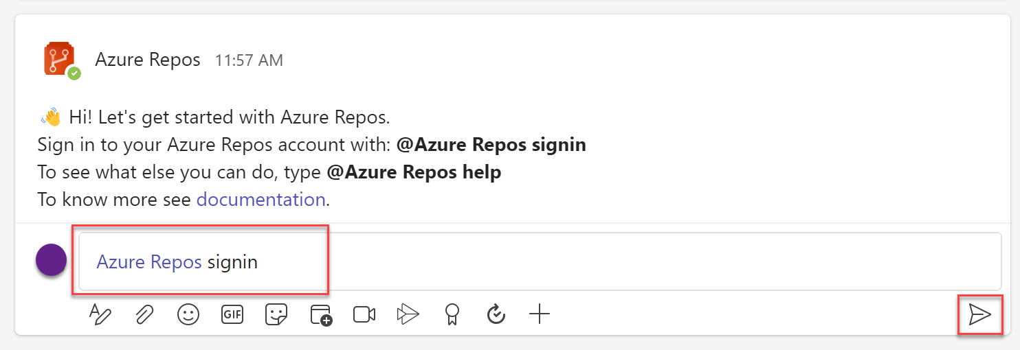 Captura de pantalla en la que se muestra la entrada del inicio de sesión de Teams para Azure Repos.