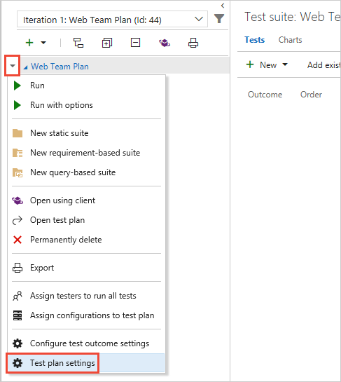 Captura de pantalla que muestra cómo elegir Configuración del plan de prueba.