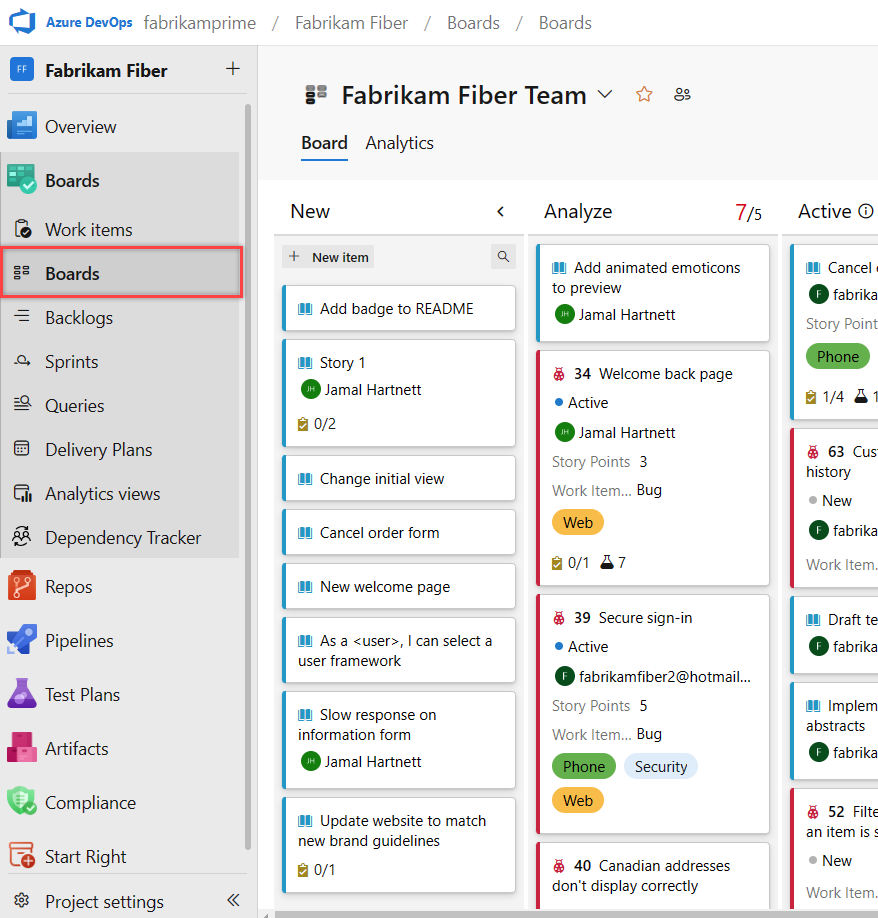 Captura de pantalla de la página trabajos pendientes de Azure Boards.