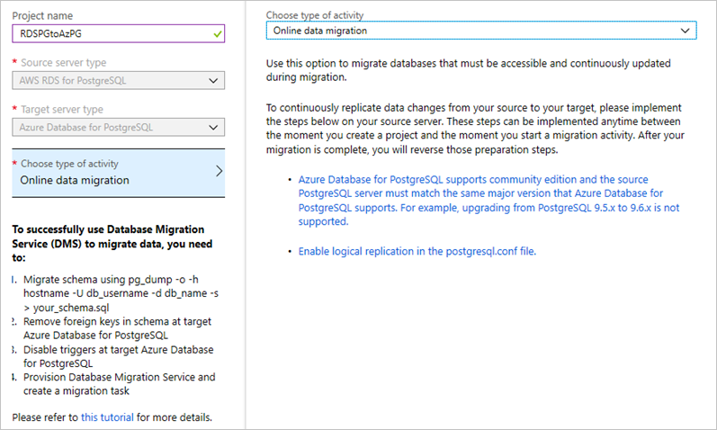 Captura de pantalla de la creación de un proyecto de Database Migration Service.