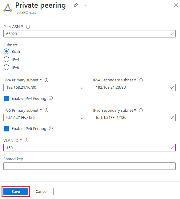 Captura de pantalla que muestra cómo actualizar la configuración del emparejamiento privado.