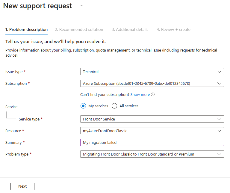 Captura de pantalla de una nueva solicitud de soporte técnico para el problema de migración de Azure Front Door (clásico).