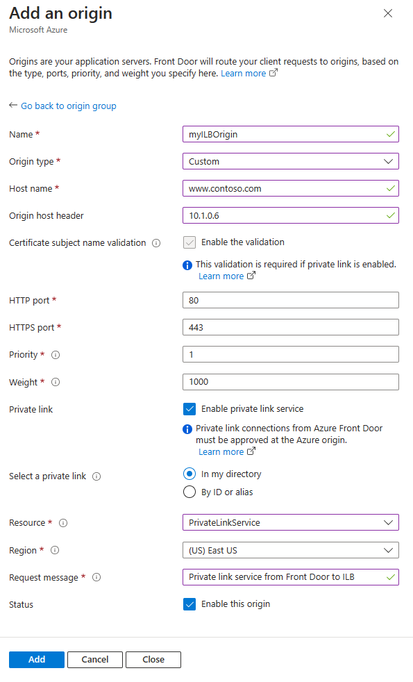 Captura de pantalla que muestra cómo habilitar Private Link para un equilibrador de carga interno con una dirección IP.