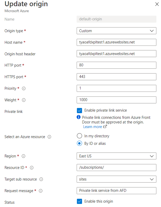 Captura de pantalla con la casilla Habilitar servicio Private Link de la página de configuración del origen.