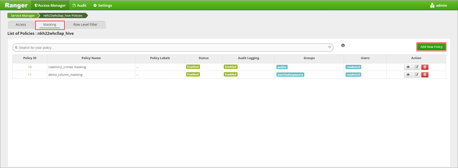 lista de directivas de Hive/Ranger del conector de Hive Warehouse.