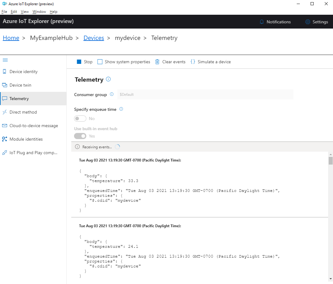 Captura de pantalla de la telemetría del dispositivo en IoT Explorer