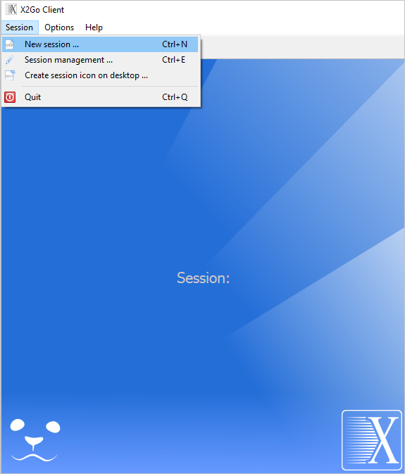 Captura de pantalla del menú Sesión de cliente X 2 Go.