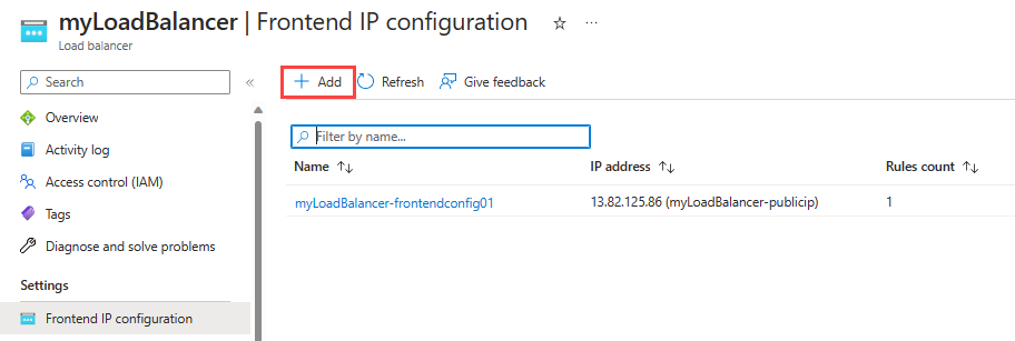 Captura de pantalla de la configuración de la dirección de IP de front-end.