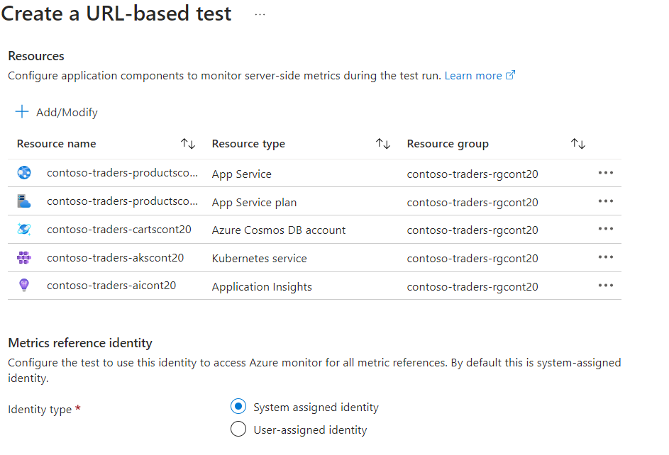 Captura de pantalla de la configuración de la identidad de referencia de métricas.