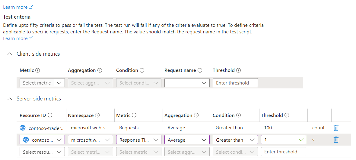 Captura de pantalla de la configuración de criterios de error en las métricas del servidor.