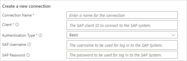 Captura de pantalla que muestra los parámetros de conexión de SAP en flujos de trabajo de consumo.