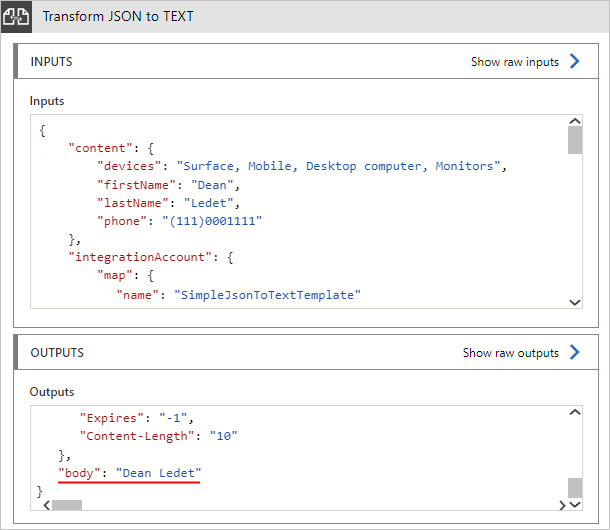 Captura de pantalla que muestra una salida de ejemplo para transformación de JSON a texto.