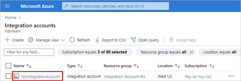 Captura de pantalla que muestra el panel de cuentas de integración con la cuenta de integración seleccionada.