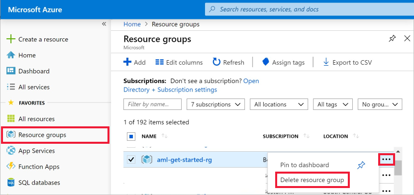 Imagen que muestra cómo eliminar un grupo de recursos de Azure