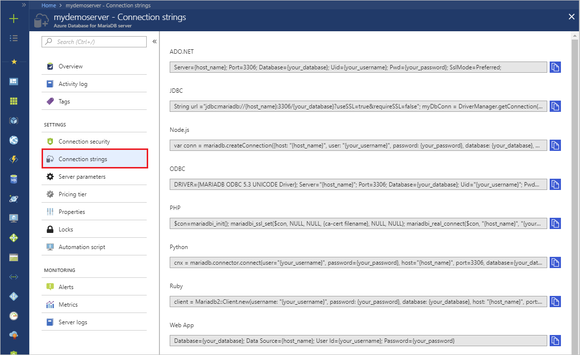 El panel Cadenas de conexión en Azure Portal