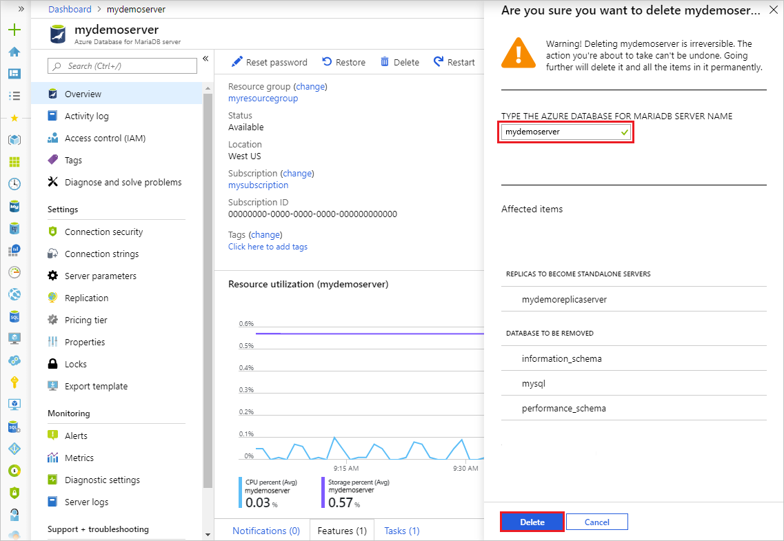 Azure Database for MariaDB: confirmación de la eliminación del servidor maestro