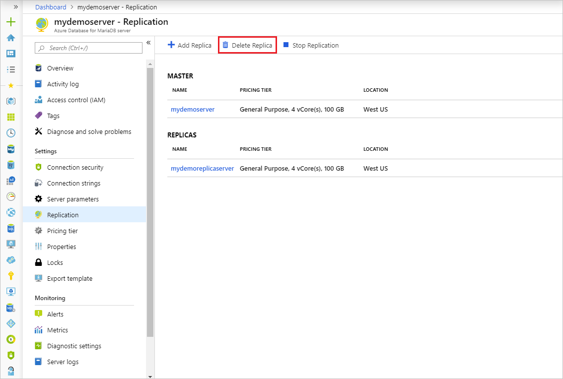 Azure Database for MariaDB: eliminación de la réplica