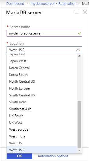 Azure Database for MariaDB: ubicación de la réplica