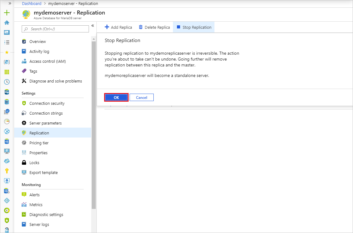 Azure Database for MariaDB: confirmación de la detención de la replicación