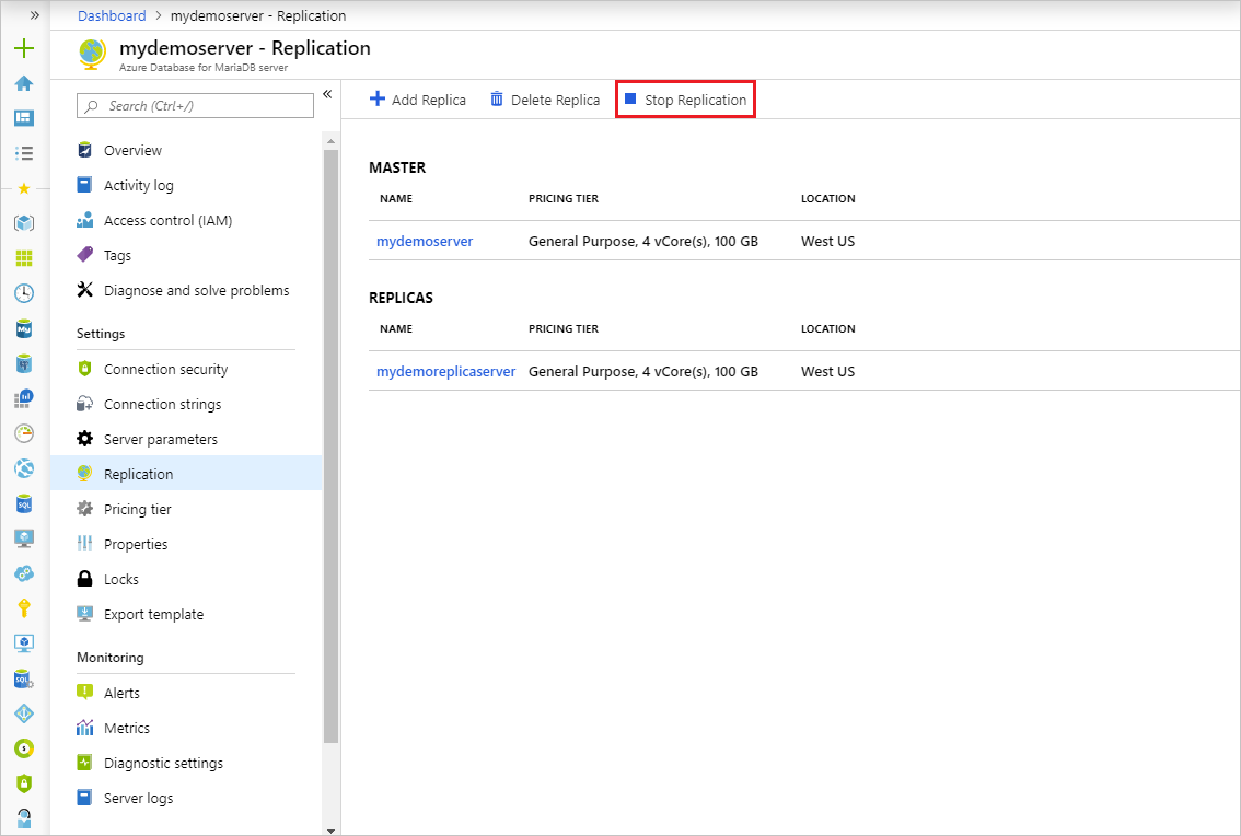 Azure Database for MariaDB: detención de la replicación