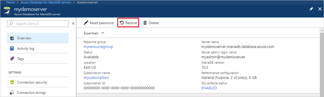 Azure Database for MariaDB - Información general - Botón Restaurar