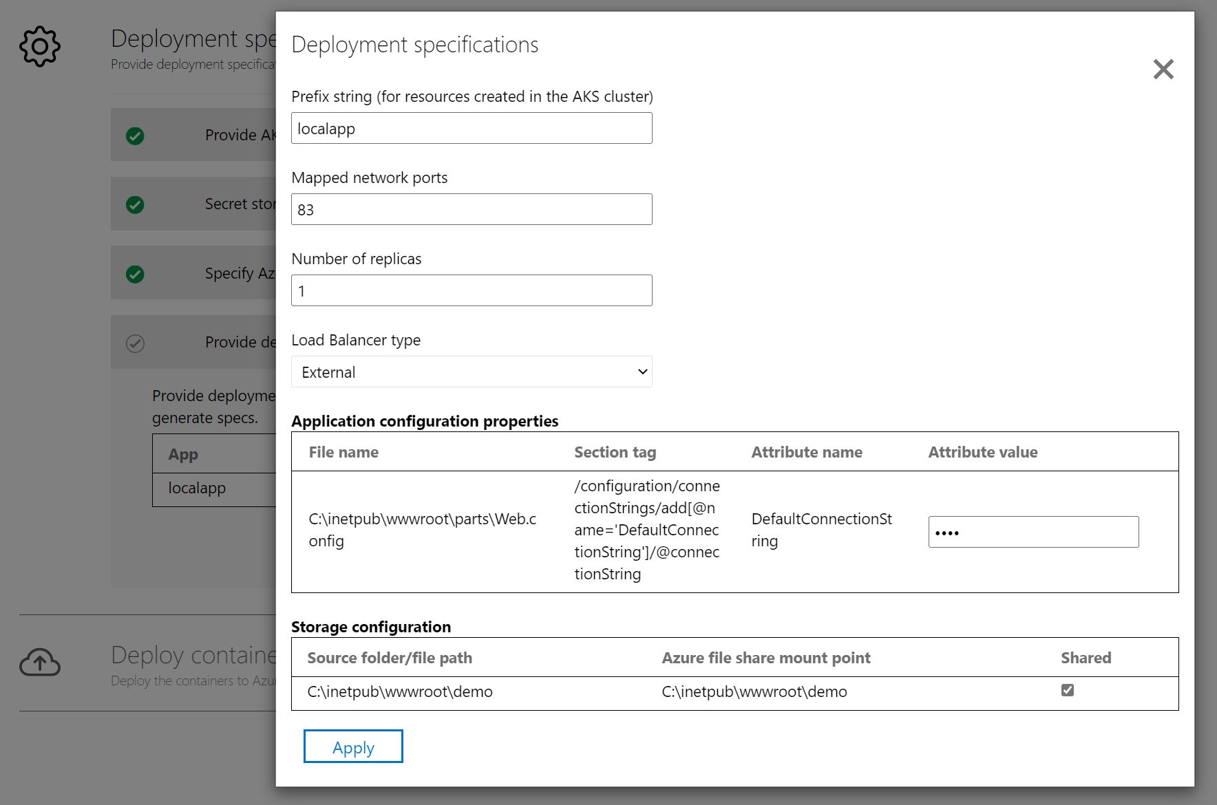 Captura de pantalla de la configuración de la implementación de la aplicación.