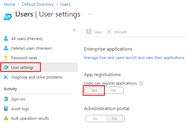 Captura de pantalla de comprobación en Configuración de usuario si los usuarios pueden registrar aplicaciones de Active Directory.